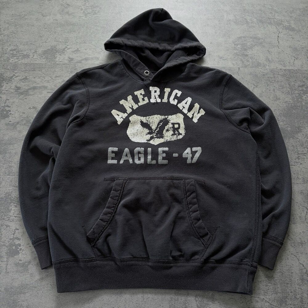 Vintage American Eagle Sweatshirt Mens XL Black Hoodie Distressed Heavy 90s Y2K